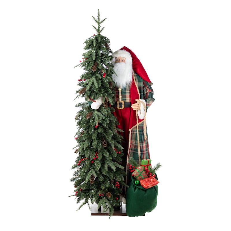 Glitzhome 4ft Oversized Christmas Woodland Santa with 5ft LED Lighted Green Artificial Christmas Tree