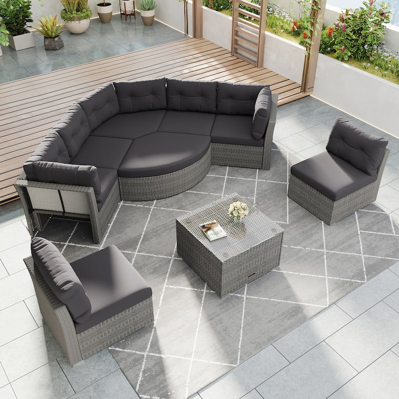 Rattan Sectional Outdoor Furniture Set with Cushions Modular Daybed Iron Frame for Patio Garden Use