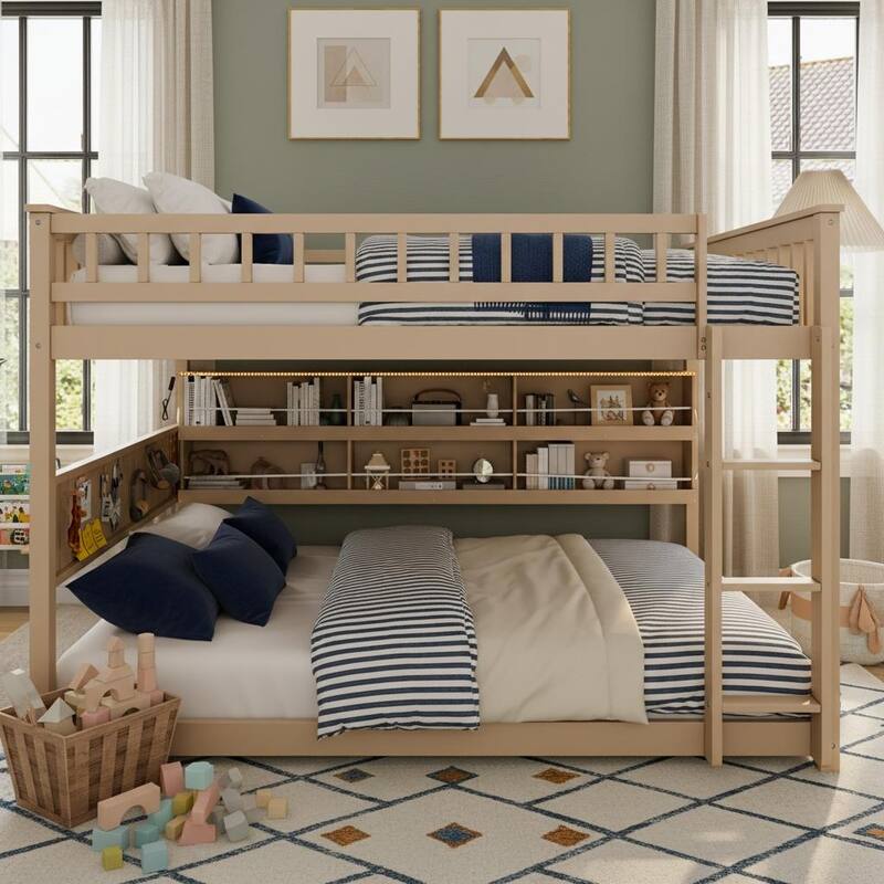 Convertible Bunk Bed with LED Storage Wall & Pegboard by Harper&Bright Designs - Beige - Full