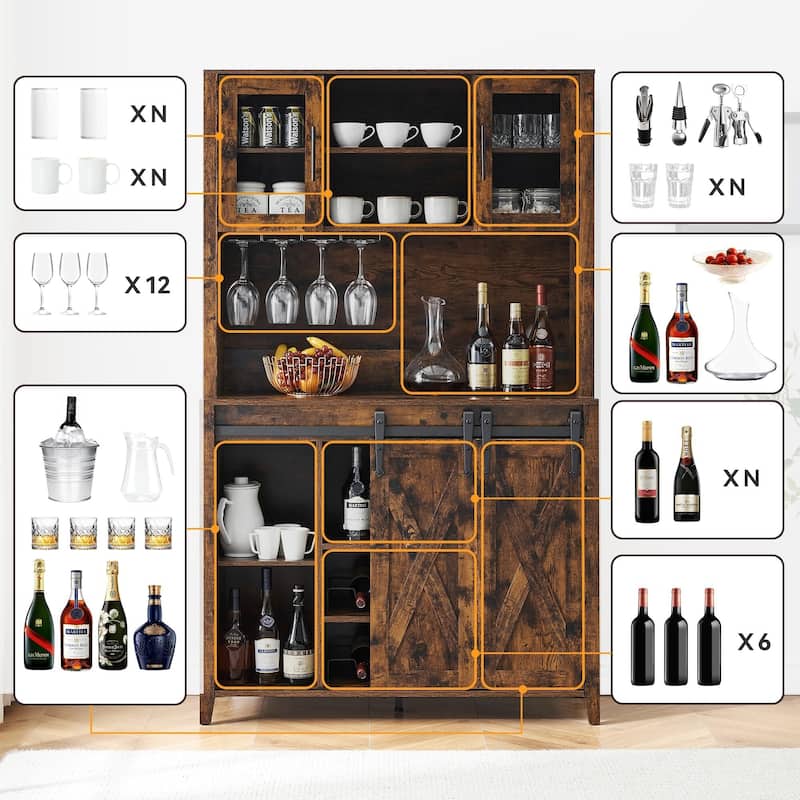 70'' Wine Bar Cabinet with Storage Hutch, Tall Coffee Bar Cabinet with Sliding Barn Doors, Bottle Glasses Rack