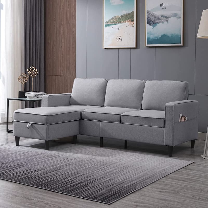 Mixoy Convertible Sectional Sofa Couch, 3 Seat L Shaped Sofa Upholstered Couch with Flexible Storage Ottoman - Light Grey