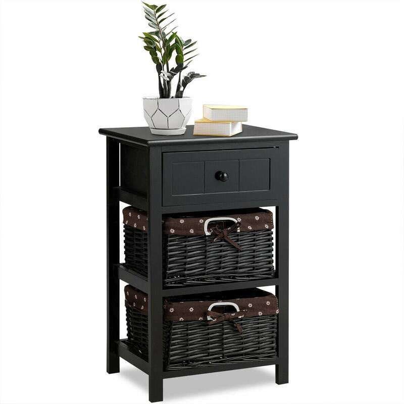 Set of 2 Paulownia Wooden Nightstand End Table with Wicker Drawer and Storage for Bedroom or Living Room