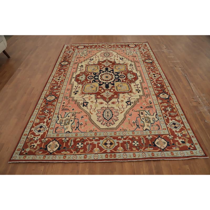 Hand Knotted Oriental 100% Wool Carpet Traditional Medallion Beige & Ivories Heriz (serapi) Area Rug - 9' 3'' X 6' 3''