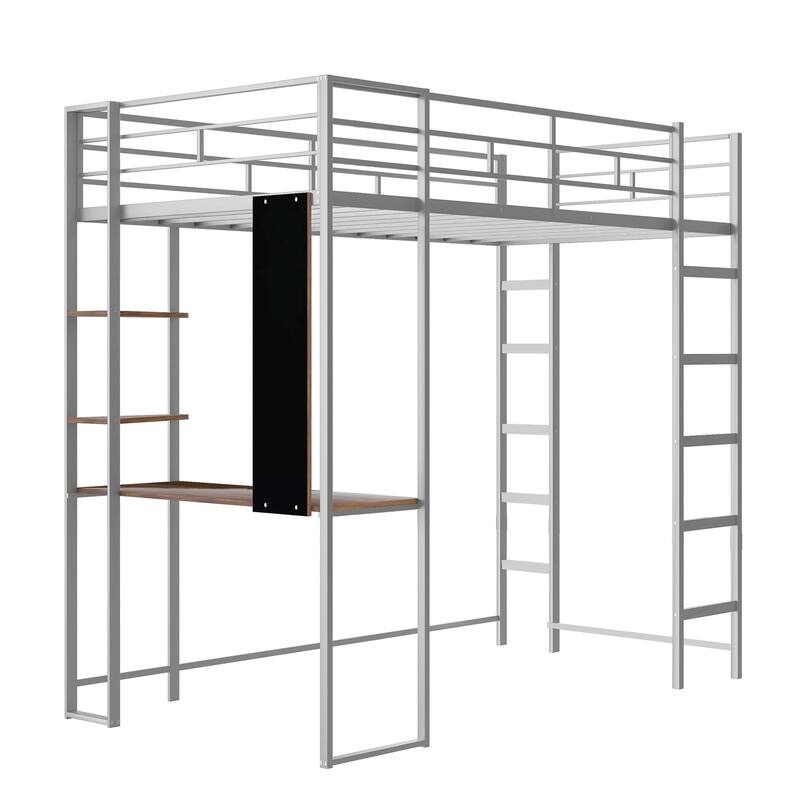 Silver Twin Size Metal Loft Bed with Ladder, Fence, Shelves, and Desk