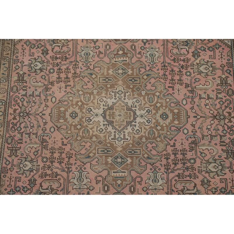 Hand Knotted Oriental 100% Wool Carpet Traditional Medallion Pink Tabriz Area Rug - 9' 5'' X 6' 5''