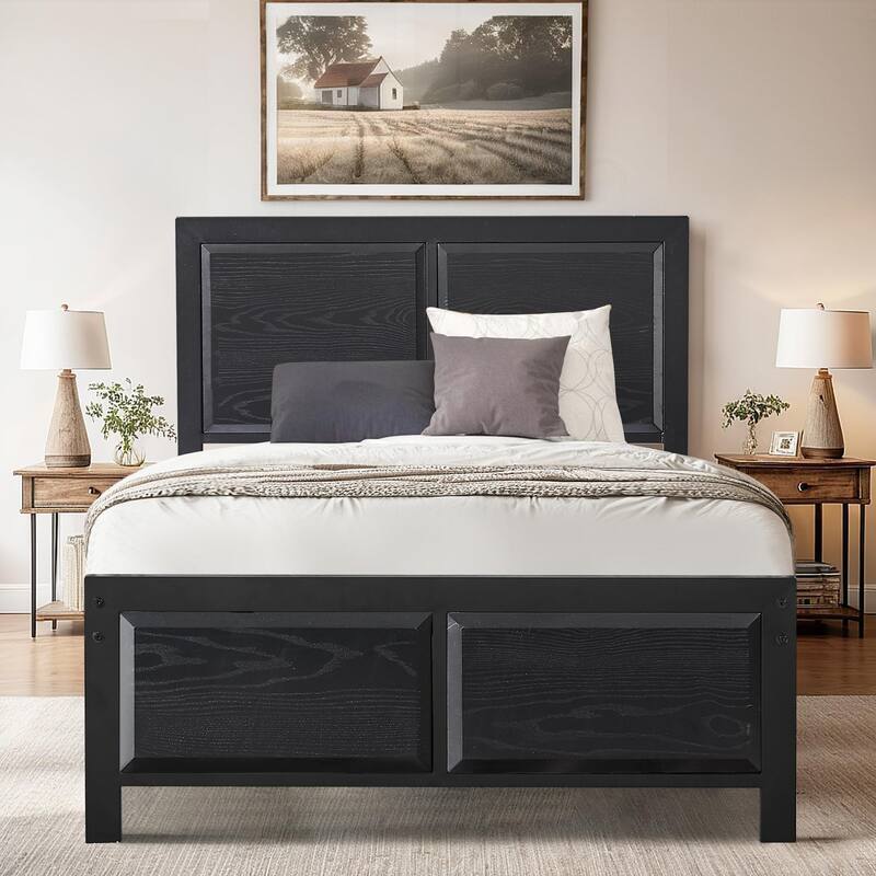 VECELO Platform Bed Frame with Wooden Headboard, Heavy Duty Steel Slats Support, No Box Spring Needed