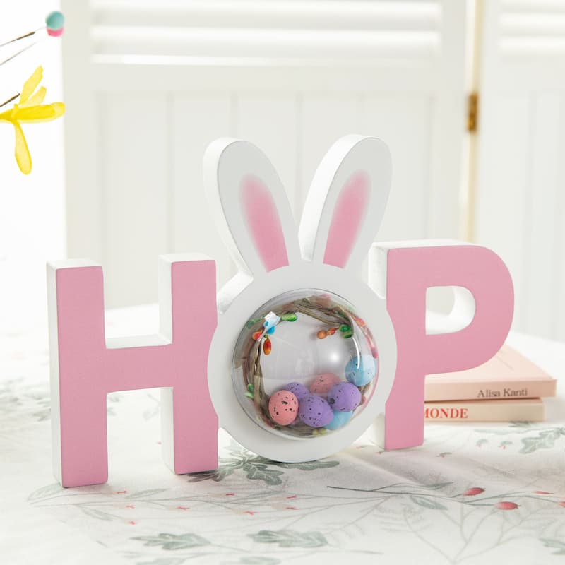 Glitzhome Wooden EASTER HOP Happy Easter with Artificial Rattan Table Sign Decor Centerpiece
