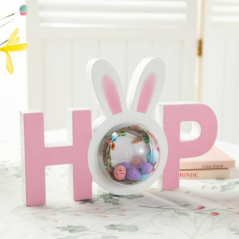 Glitzhome Wooden Happy EASTER HOP with Artificial Rattan Table Sign Decor Centerpiece
