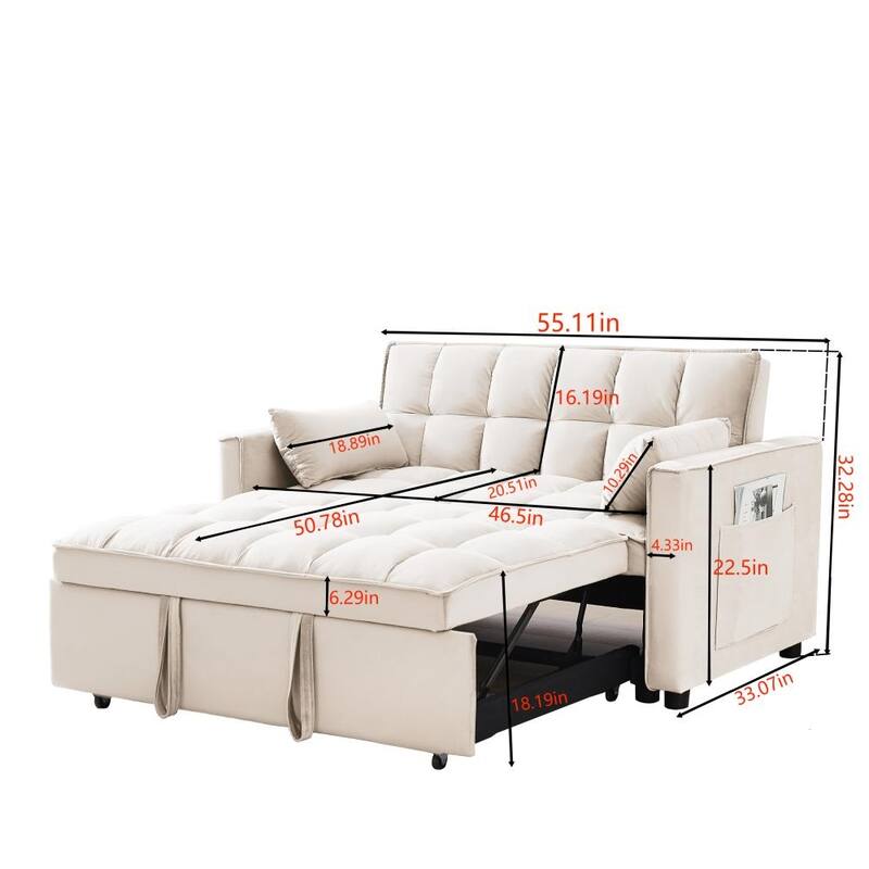3 in 1 Convertible Velvet Sofa Couch w/Pullout Bed and Reclining Backres