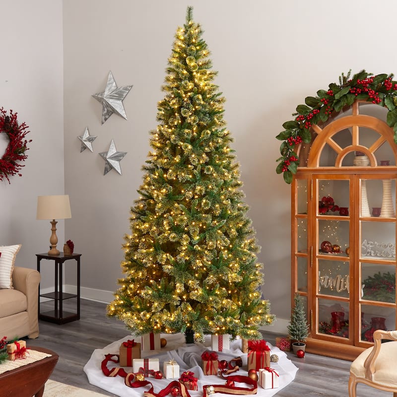 10 Ft Artificial Christmas Tree with Clear Lights - Slim Pine Holiday Decor - Green - 120