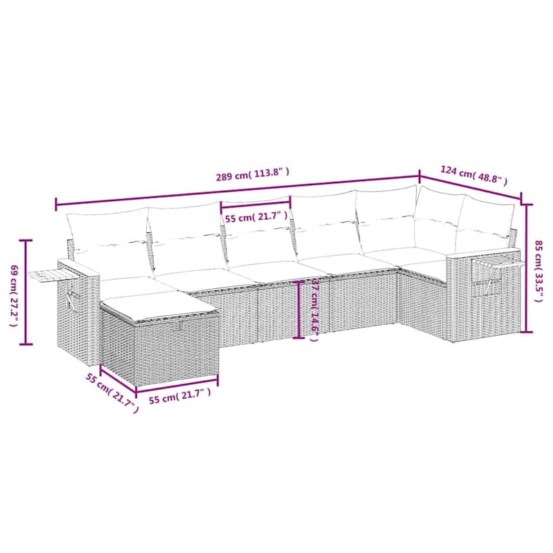 vidaXL Patio Sofa Set with Cushions Outdoor Conversation Furniture Poly Rattan - 24.4" x 24.4" x 27.2"
