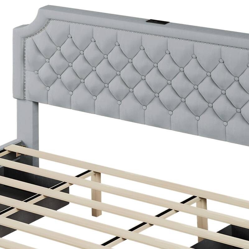 Moasis Velvet/Linen Upholstered Bedframe with Adjustable Headboard and 4 Storage Drawers