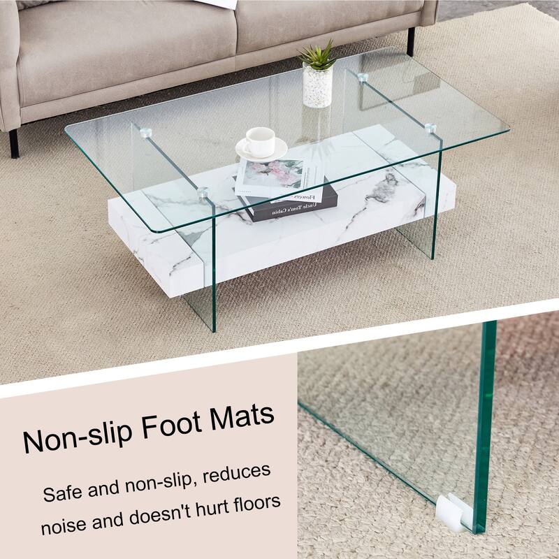 Roomfitters 43.3" Two-Tier Glass Coffee Table with Light Wood Shelf, Side Table or Display Stand