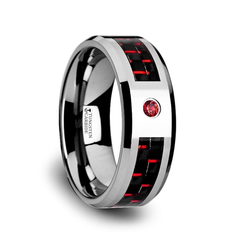 Adrian Tungsten Carbide Ring With Black And Red Carbon Fiber And Red Ruby Setting With Bevels