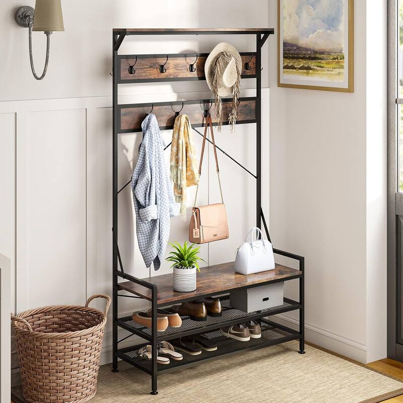 4-In-1 Coat Rack Freestanding Hall Tree w/ Hanging Hooks for Hallway