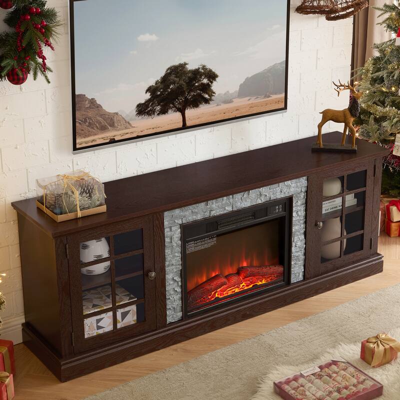Fireplace TV Stand with 23" Electric Fireplace, Faux Stacked Stone Surround Media Cabinet TV Console for TVs up to 75"