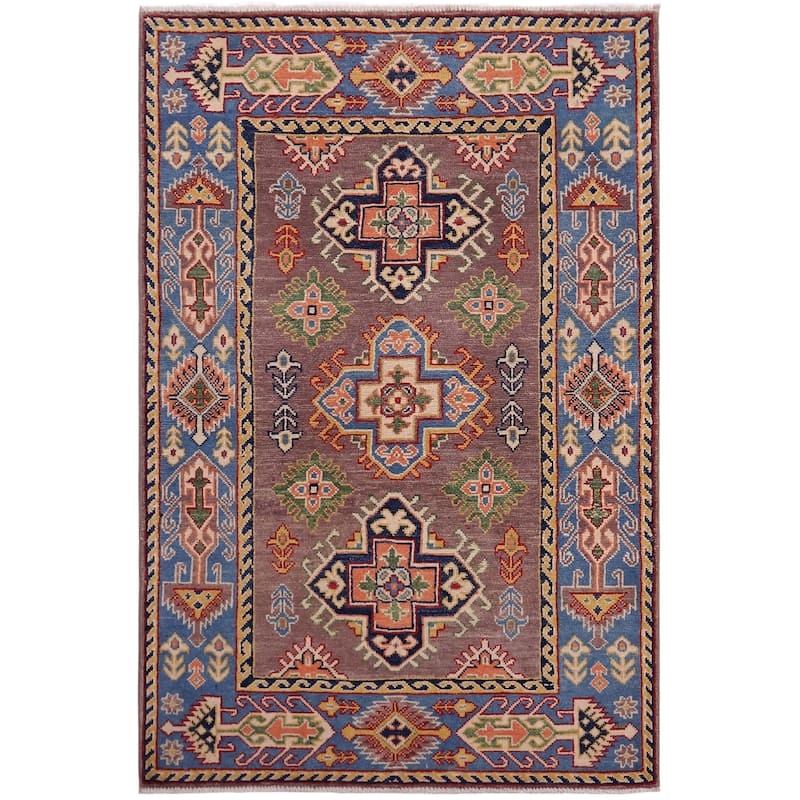Southwestern Kazak Rose Gray/Light Blue Wool Rug - 3'3'' x 5'1''