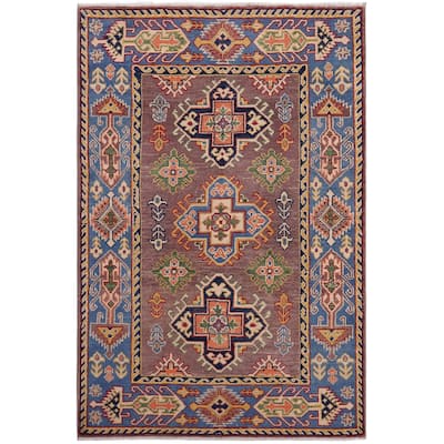 Southwestern Kazak Rose Gray/Light Blue Wool Rug - 3'3'' x 5'1''