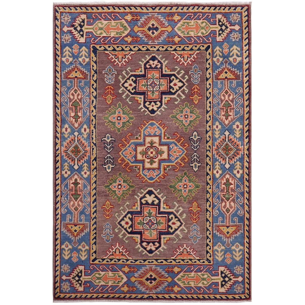 Southwestern Kazak Rose Gray/Light Blue Wool Rug - 3'3'' x 5'1''