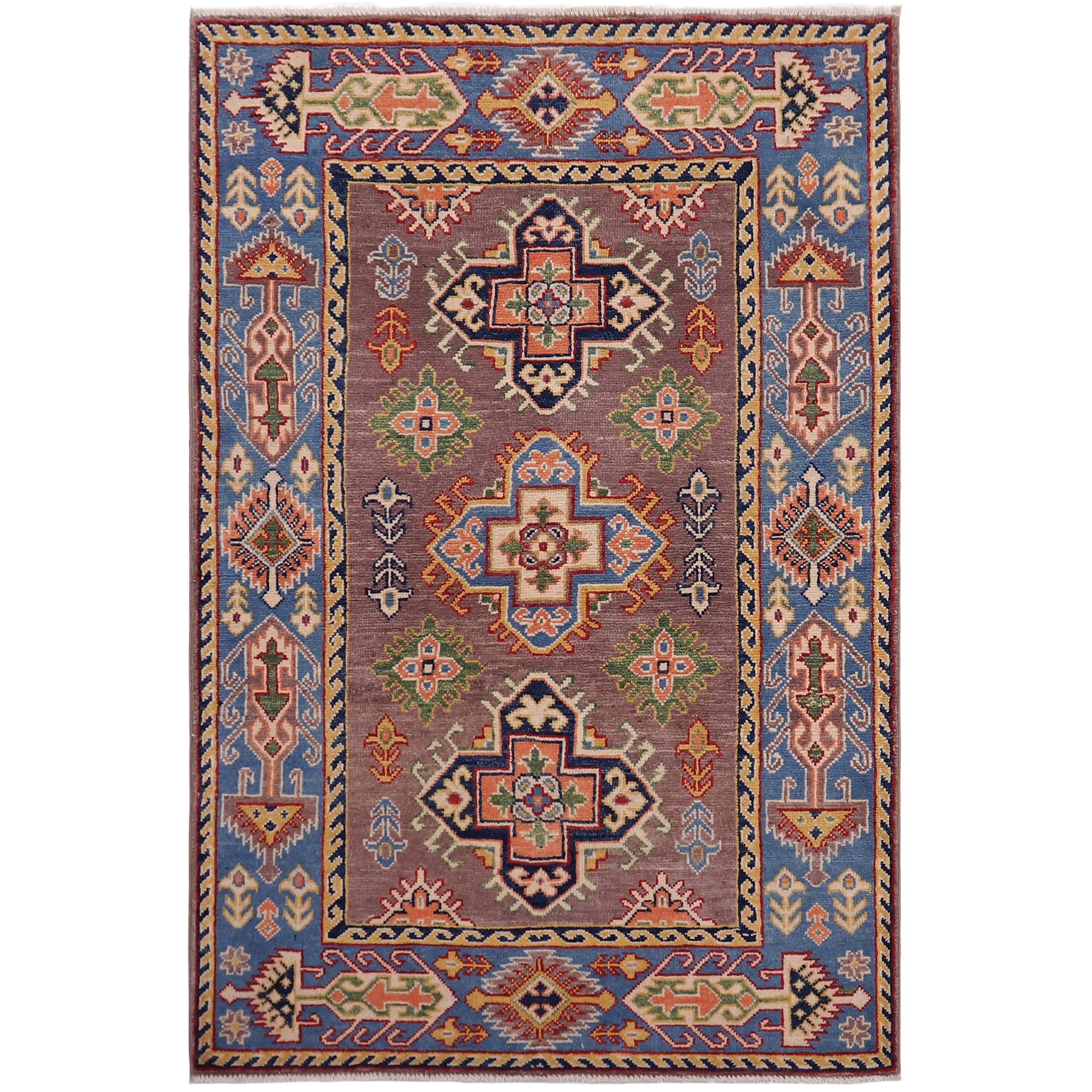Southwestern Kazak Rose Gray/Light Blue Wool Rug - 3'3'' x 5'1''