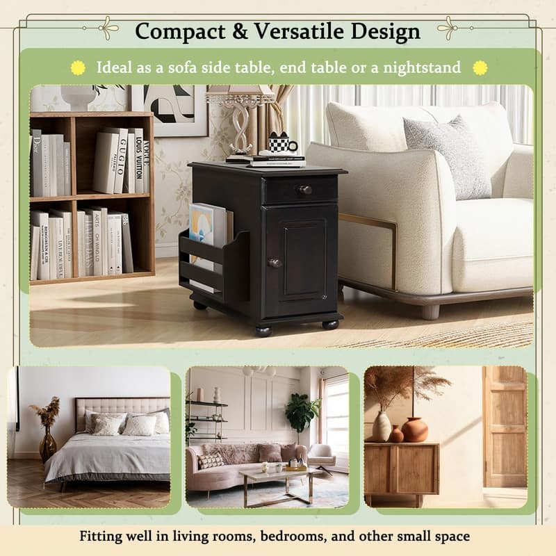 Retro Flip-Top End Table – USB Ports, Cup Holder Drawer & Bookshelf, Ideal for Small Spaces.