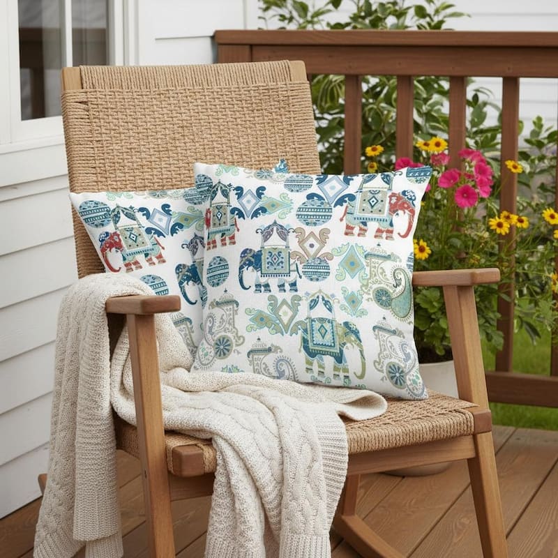 HomeRoots Set of Two 16" X 16" Blue and White Elephant Blown Seam Eclectic Indoor Outdoor Throw Pillow - Blue/White - 16.00' X '16.00' X '5.00