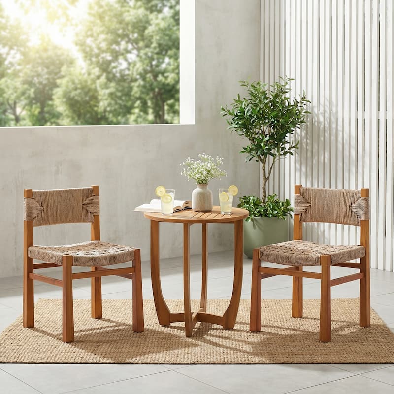 Christopher Knight Home - Nellie 3-Piece Outdoor Acacia Wood Dining Set with Wicker Woven Chairs & 27.5" Round Slat Table - Teak Finish+Light Brown Wicker