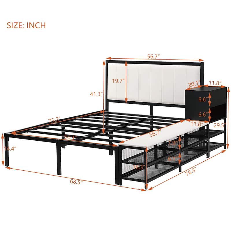 Full size Metal Platform Bed with Wooden Cabinet, Two-Tier Shelves And Cushioned Footrest