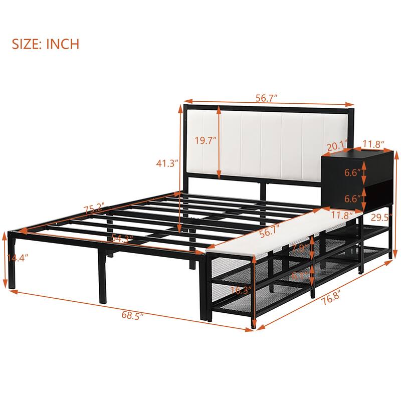 Metal Platform Bed with Two-Tier Storage Shelves, Wooden Storage Cabinet