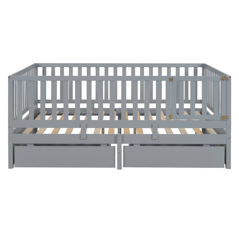 Full Size Wood Daybed with Fence Guardrails and 2 Drawers, Converts to Floor Bed or Daybed, Gray