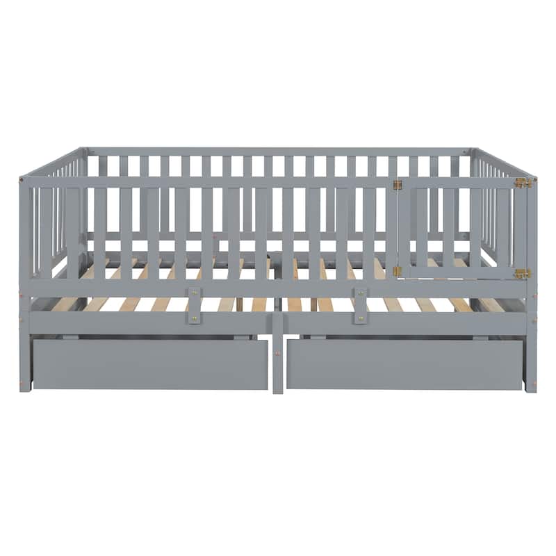 Full Size Wood Daybed with Fence Guardrails and 2 Drawers, Split into Independent Floor Bed & Daybed, Gray