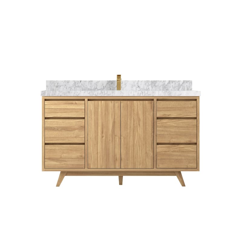 Willow Collections 60 in. W x 22 in. D Madison Teak Single Sink Bathroom Vanity with Countertop - 2" Carrara Marble - Light Natural Teak