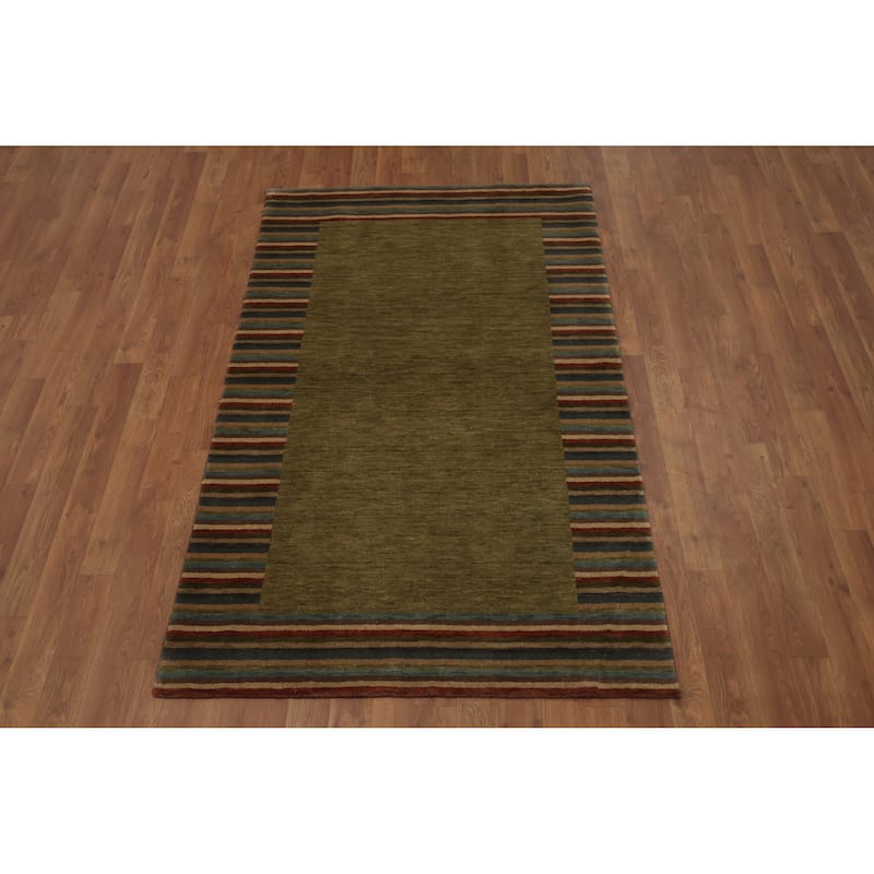 Hand Knotted Oriental 100% Wool Carpet Modern Geometric Green Gabbeh Area Rug - 5' 7'' X 3' 5''