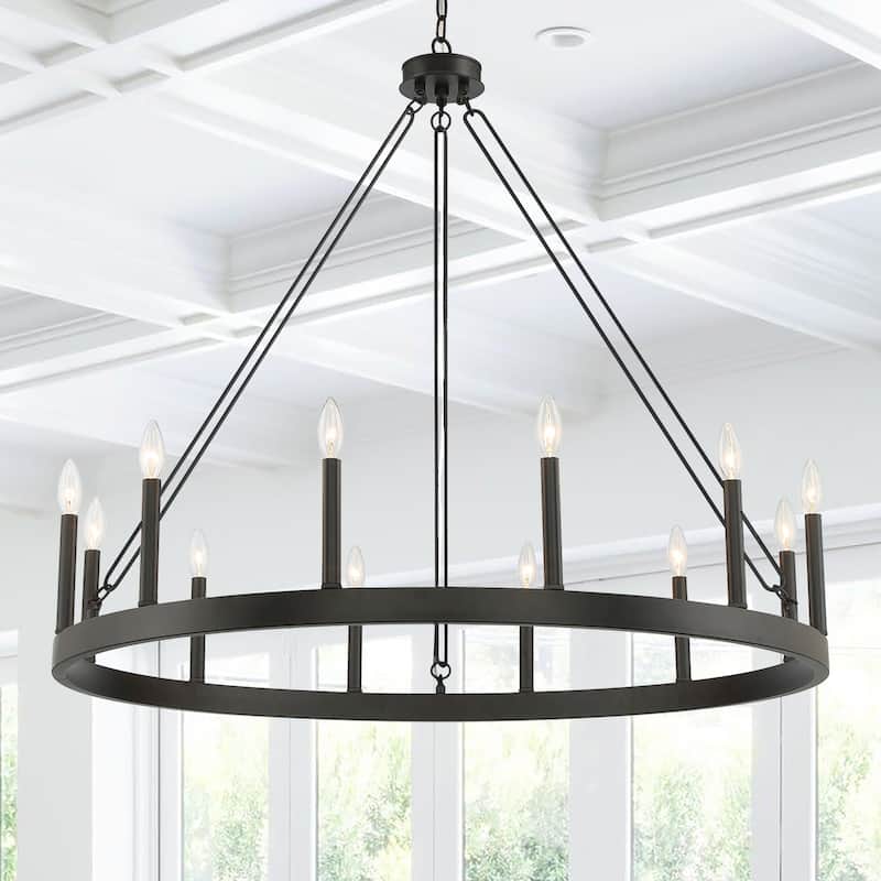 Update 12-light 40In Modern Farmhouse Wagon Wheel Chandelier - N/A - Aged Zinc