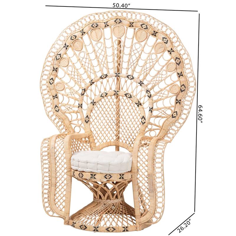 Nafisa Natural Rattan Peacock Chair - Handwoven Wicker Accent Chair with Fan Backrest and Removable Cushion, Boho Accent Seating