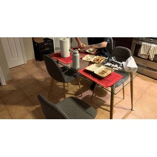 Mid Century Modern Glass Dining Table with Foot Pad Wooden Skin Leg - glass top with metal wooden leg - 51.5 x 31.5 x 29.5