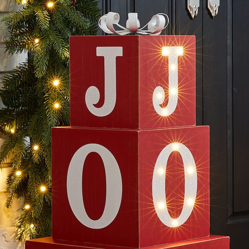 Glitzhome 32"H LED Lighted Wooden Nesting Block JOY Porch Sign