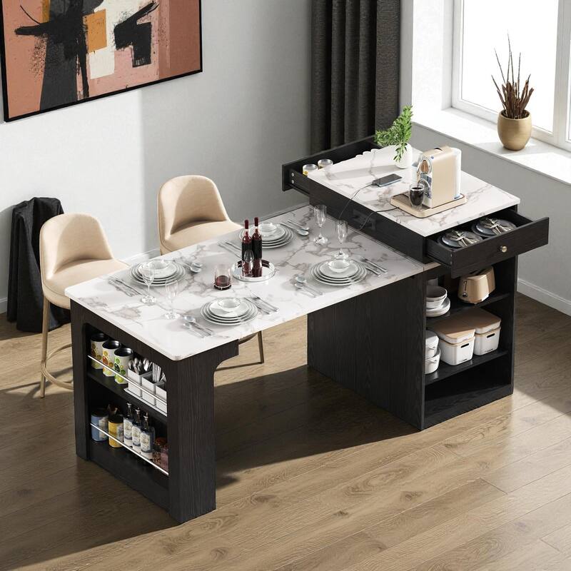 59.5" Kitchen Island with Extendable Table, Double-Sided Storage, Power Outlet, Drawers and Shelves