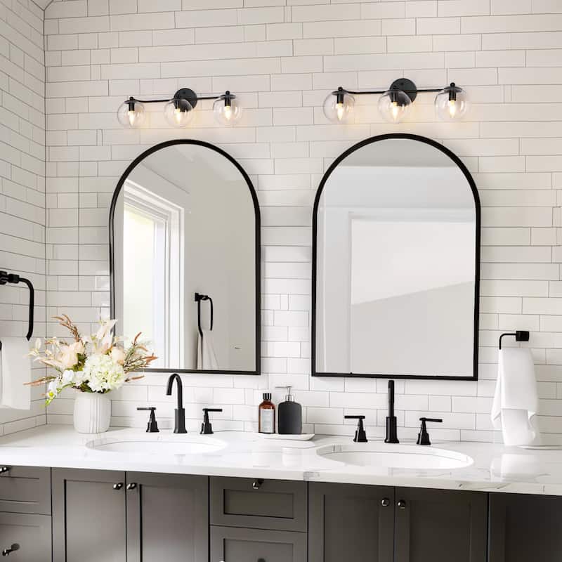 Mid-Century Modern 3-Light Black Gold Bathroom Vanity Light Globe Glass Wall Sconces