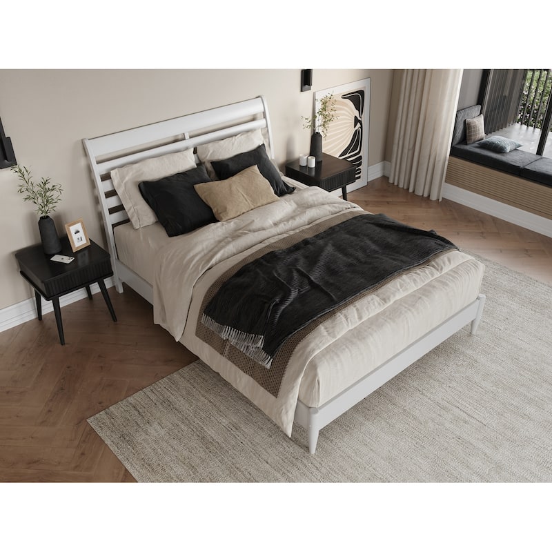 Solid Wood Low Profile Platform Bed - Modern Style Bed Frame, White Finish
