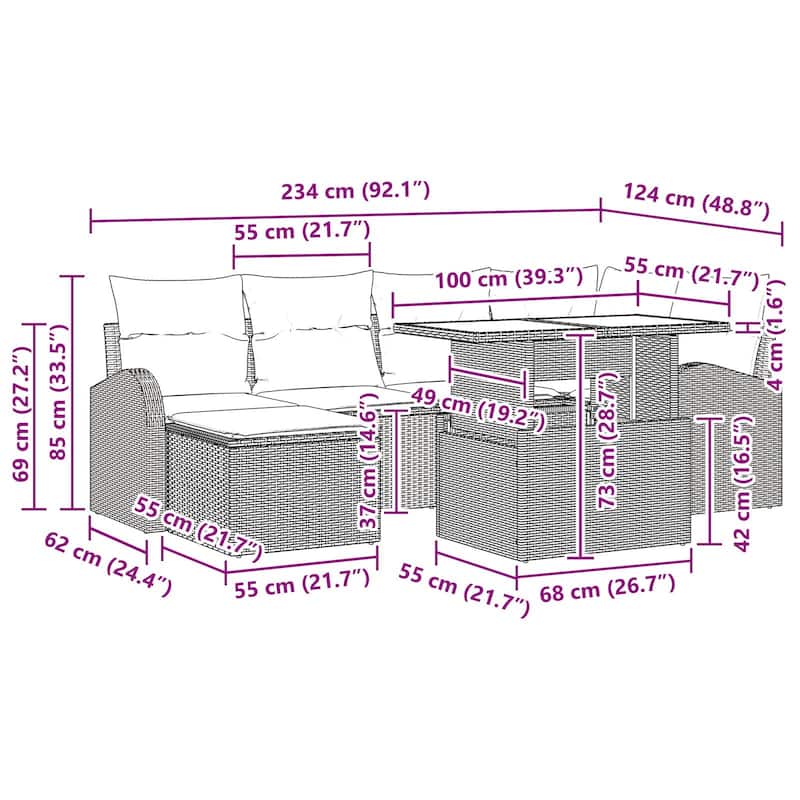 vidaXL 7 Garden Sofa Set with Cushions Black/Brown/Grey Poly Rattan - 92.1 x 48.8 x 27.2