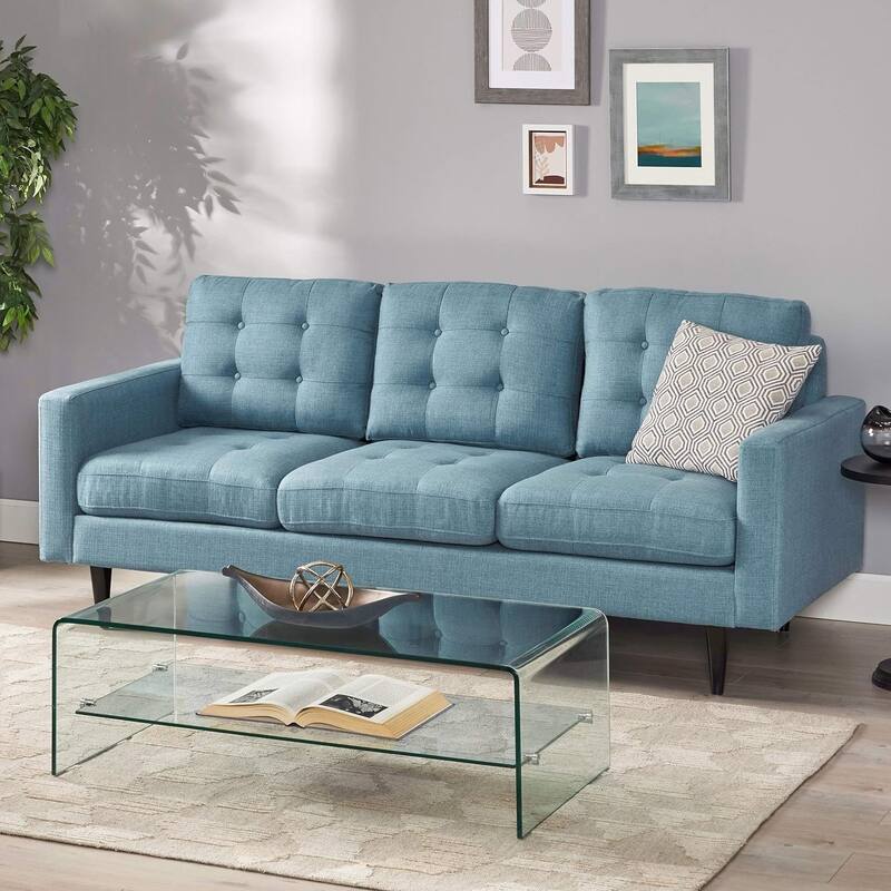 Blue Button Tufted 3-seater Sofa with Birch Wood Legs - Blue