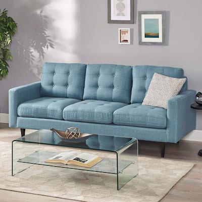 Blue Button Tufted 3-seater Sofa with Birch Wood Legs