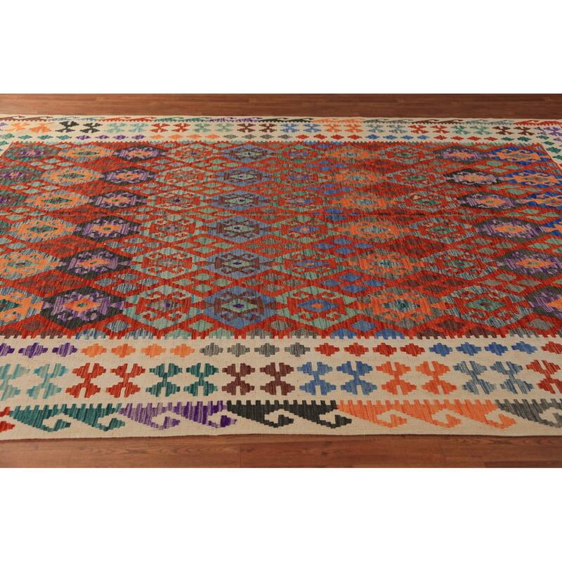Trellis Geometric Kilim Oriental Area Rug Flatweave Wool Carpet - 8'8" x 11'9"