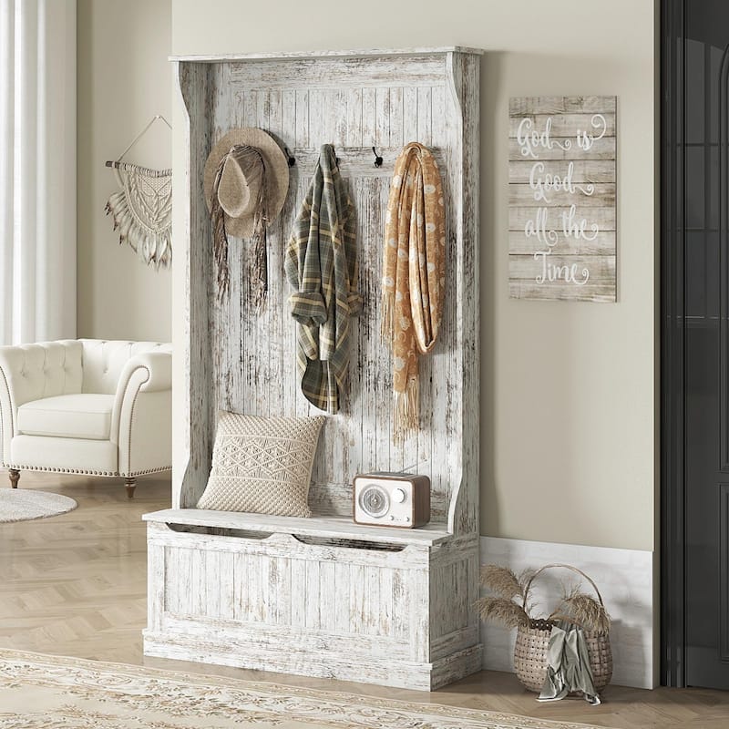 Entryway Bench with Coat Rack & Shoe Storage