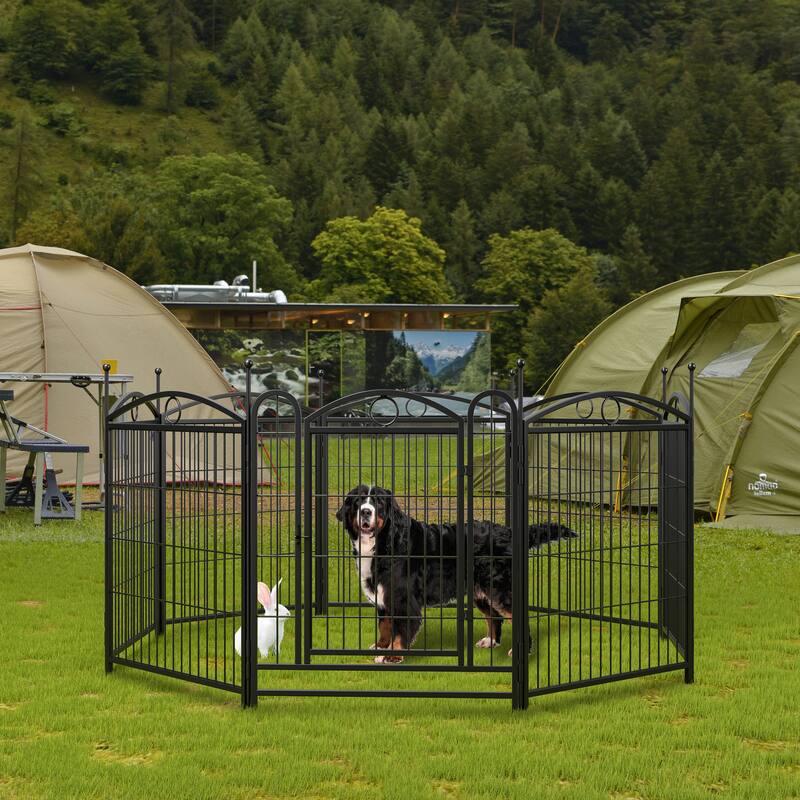Black Iron Dog Fence Outdoor Pen Modular Rust-Resistant Design - 52” L x 52” W x 32” H