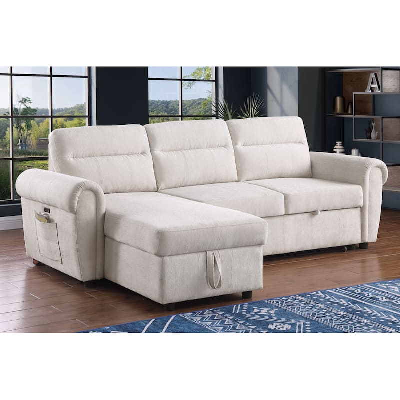 97"W Beige Chenille Reversible Sofa Chaise w/ USB & Storage