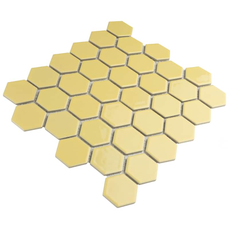 Merola Tile Hudson Due 2" Hex Vintage Yellow 10-7/8" x 12-5/8" Porcelain Mosaic Floor and Wall Tile