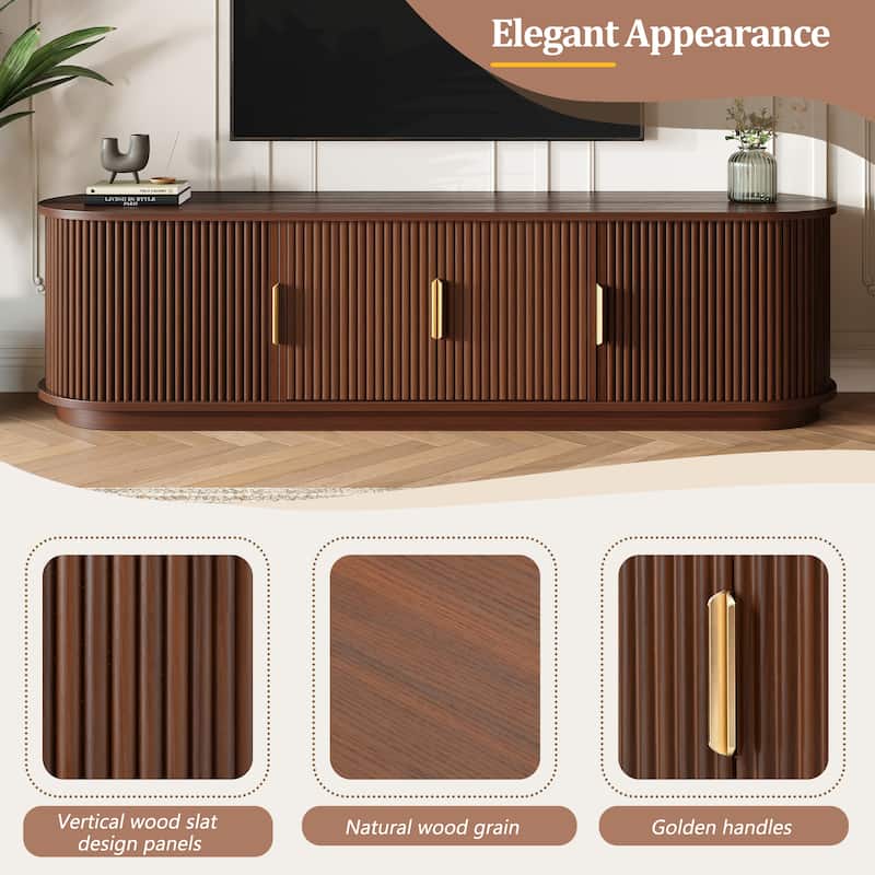 Wooden TV Stand with Sliding Tambour Door for TVs up to 75", Fluted TV Cabinet Media Console Table for Living Room