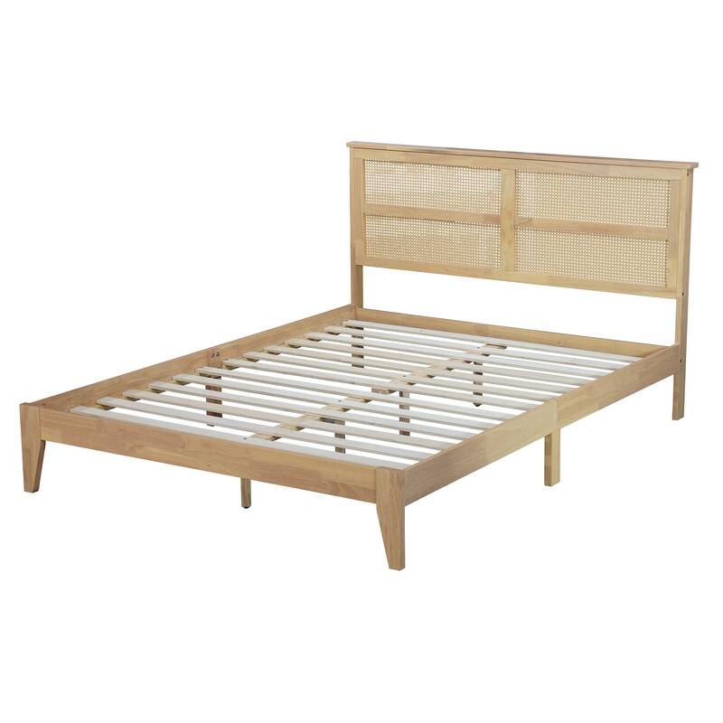 Spruce & Spring Queen Size Wood Platform Bed Frame with Rattan Headboard